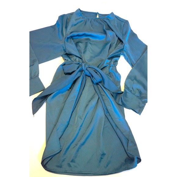 G&Y Dresses & Skirts - G&Y Teal Blue Satin Tie Front Mini Dress Long Sleeve Cocktail XXL NEW